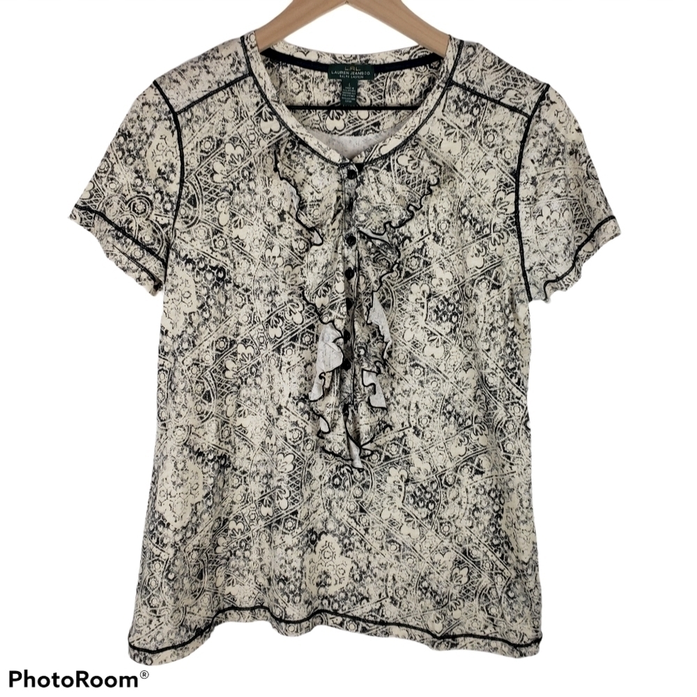 LRL Black & Cream Ruffle Accent Floral Print Top Sz L - Preppy Academia